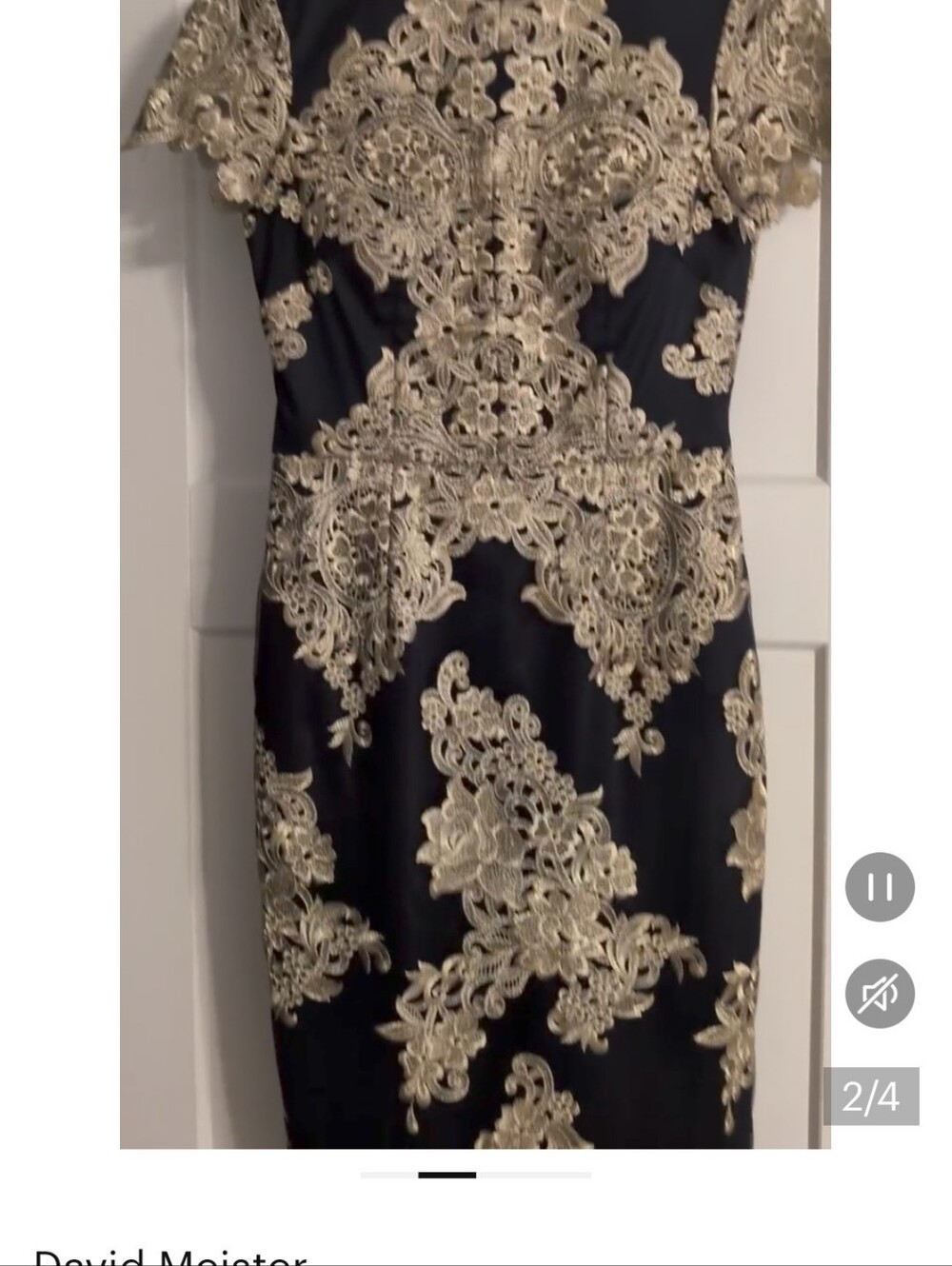 David Meister, Black Midi Dress With Embroidered Gold Lace, Size 4
